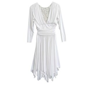 Betsy & Adam White Ruched V Neck Beaded Embellished Midi Dress Y2K Elegant LWD